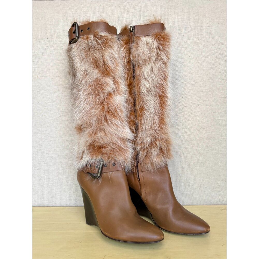 Vintage Vicini Italy Tan Leather Fur Trim High Wedge Knee High Boots Size 39.5